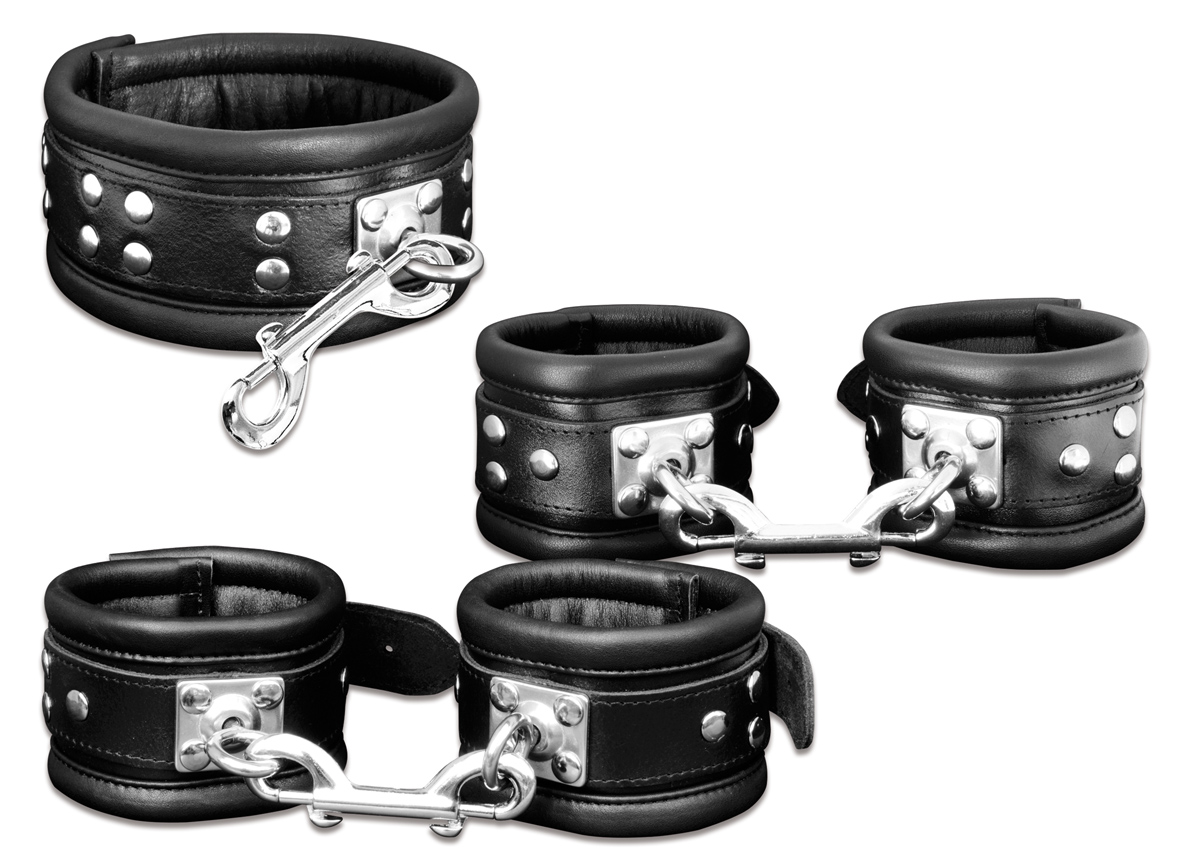 Leder Fesselset Schwarz mit drehbaren Edelstahlringen