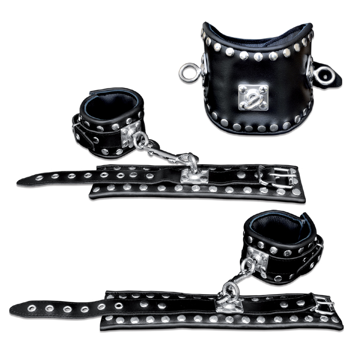 Leder Fesselset Schwarz mit drehbaren Edelstahlringen